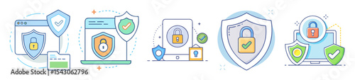 Illustrations of information security and protection, featuring padlocks, shields and devices