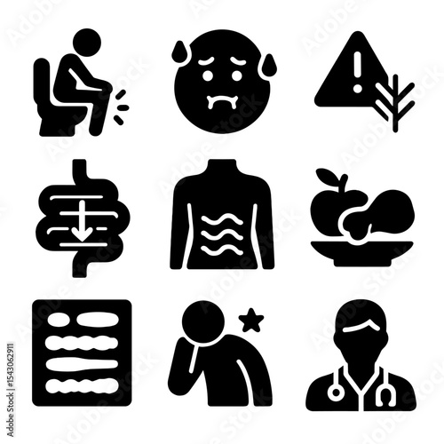Fiber Health Icons. Solid style icons of fiber-related health issues: constipation icon, bloating face, fiber deficiency warning,