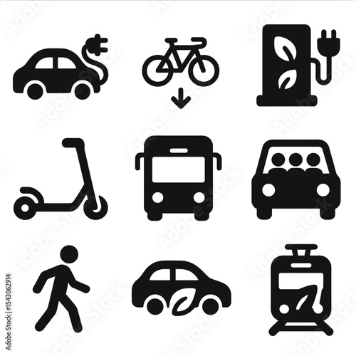 Eco Transport Icons. Solid style icons of eco-friendly transport: electric car, bike path, charging station, scooter icon, public