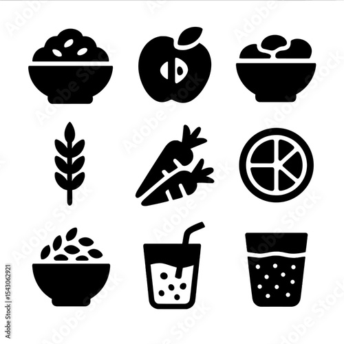 Soluble Fiber Icons. Solid style icons of soluble fiber sources: oatmeal, apple slice, beans bowl, psyllium husk, carrots, citrus