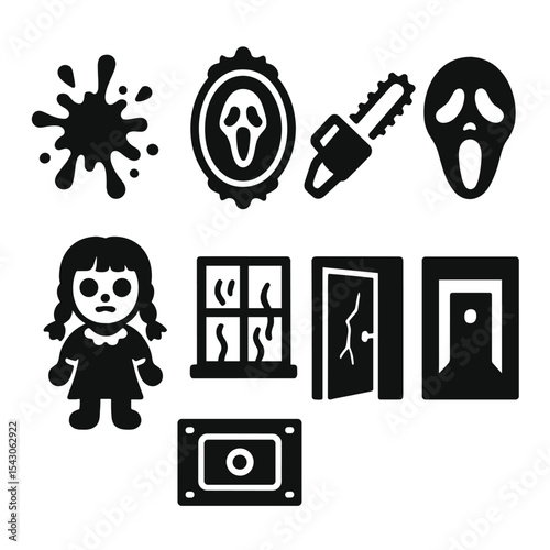 Halloween Horror Icons. Solid style icons of Halloween horror: blood splatter, haunted mirror, chainsaw silhouette, scream mask,