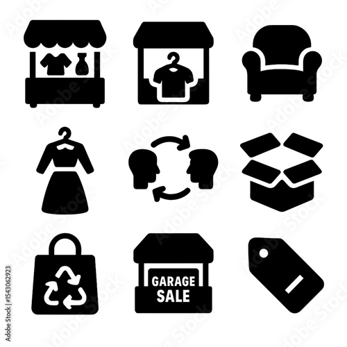 Secondhand Commerce Icons. Solid style icons of secondhand commerce: flea market stall, resale shop, used furniture, vintage