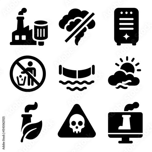 Pollution Control Icons. Solid style icons of pollution control: factory with filter, smoke reduction icon, air purifier, no