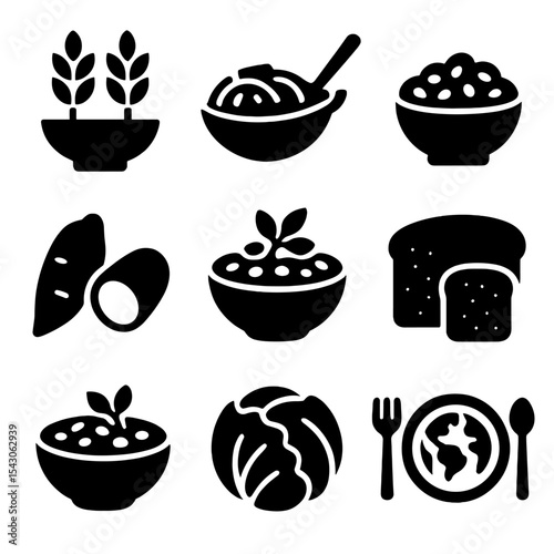 Cultural Fiber Icons. Solid style icons of cultural fiber sources: Mediterranean grains, Asian stir fry, Latin legumes, African