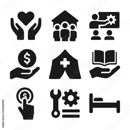 Support System Icons. Solid style icons of support systems: NGO help, community center, skills training, donation drive, medical