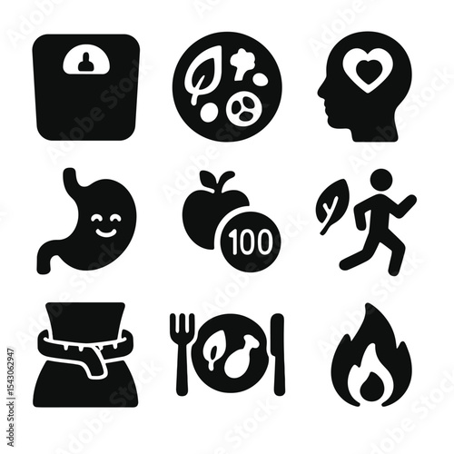 Fitness and Nutrition Icons. Solid style icons of fiber and weight management: weight scale, healthy portion plate, satiety icon,