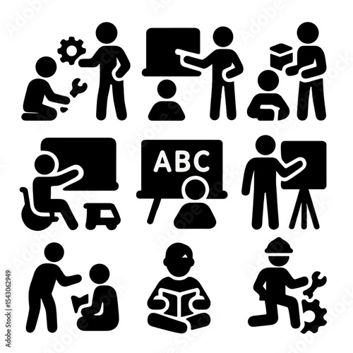 Scavenger Education Icons. Solid style icons of education through scavenging: skill learning icon, job training, teach while