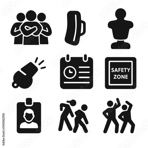Community Training Icons. Solid style icons of community self-defense training: group self-defense pose, martial arts pad,