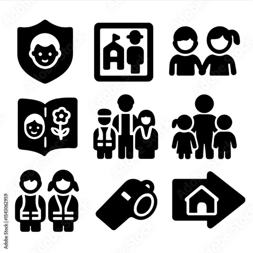 Youth Safety Icons. Solid style icons of youth safety programs: child safety badge, school watch sign, safety coloring book, buddy