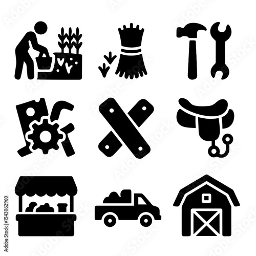 Rural Scavenging Icons. Solid style icons of rural scavenging: field salvage, crop residue use, tool repair, farm metal pile,