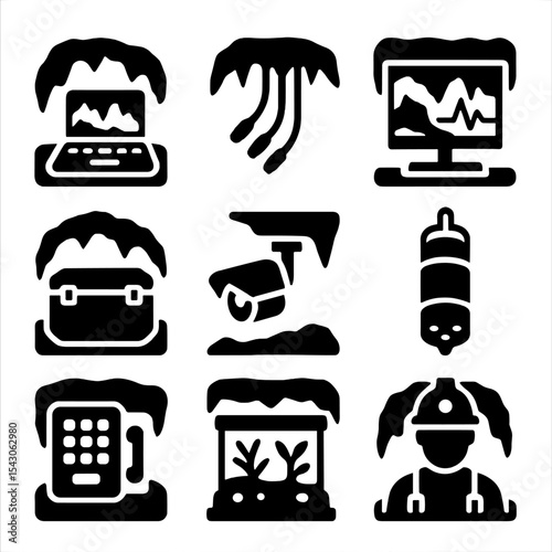 Subterranean Lab Icons. Solid style icons of subterranean research labs: remote workstation, sensor cables, monitoring screen, lab