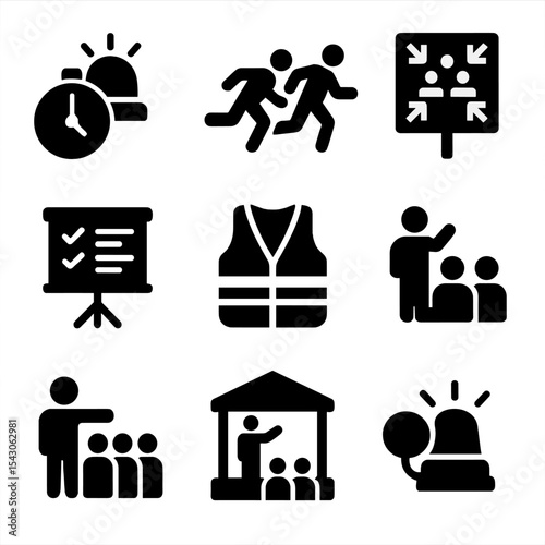 Community Drill Icons. Solid style icons of community emergency drills: clock with siren, group running icon, safe zone sign,