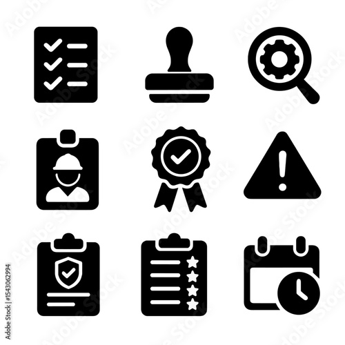 Safety Inspection Icons. Solid style icons of safety inspections: inspection checklist, approved stamp, magnifying glass over gear
