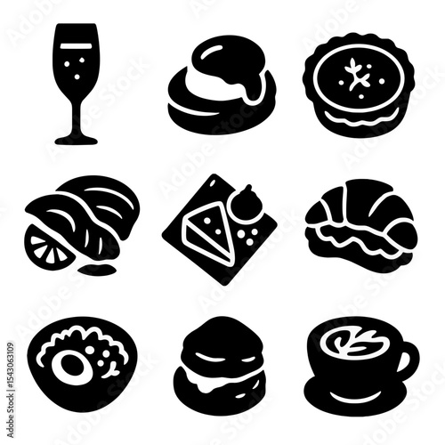 Brunch Feast Icons. Solid style icons of brunch-style breakfast: mimosa glass, eggs Benedict, breakfast quiche, smoked salmon