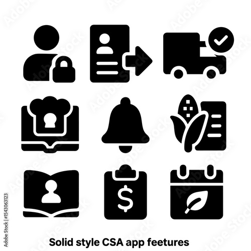 CSA App Icons. Solid style icons of CSA app features: member login icon, share details page, delivery status, crop list update,
