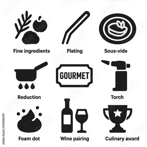 Gourmet Cooking Icons. Solid style icons of gourmet cooking: fine ingredients, plating tweezers, sous vide dish, gourmet label,