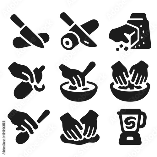 Food Preparation Icons. Solid style icons of food preparation actions: chopping motion, slicing icon, dicing action, grating block