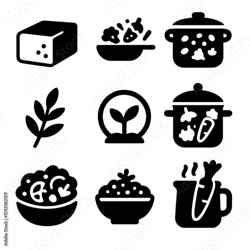 Vegetarian Cooking Icons. Solid style icons of vegetarian cooking: tofu block, veggie stir fry, legume pot, vegetable steamer,