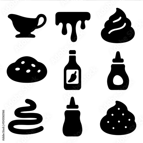 Comfort Food Toppings Icons. Solid style icons of comfort food toppings and sauces: gravy boat, melted cheese, sour cream dollop,
