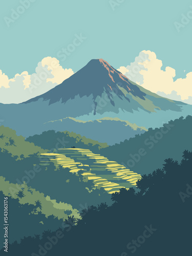 Philippines - Mayon Volcano, Chocolate Hills, Banaue Rice Terraces in volcano black, hill brown, rice green, and sky blue