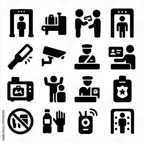 Airport Security Icons. Solid style icons of airport security: metal detector gate, luggage scanner, boarding pass check,