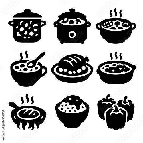Cozy Comfort Meals Icons. Solid style icons of cozy comfort meals: stew pot, crockpot dinner, hot pot, hearty soup bowl, slow