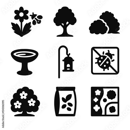 Bird-Friendly Garden Icons. Solid style icons of bird-friendly gardens: pollinator plant icon, native tree, shrub cluster, bird