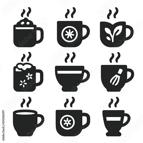 Cozy Drink Icons. Solid style icons of comforting hot drinks: hot cocoa, spiced cider, herbal tea, chai latte, matcha tea, warm