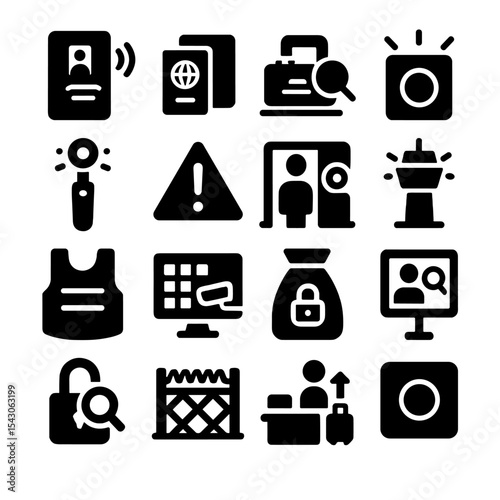 Airport Security Icons. Solid style icons of airport security: smart ID scanner, travel documents folder, baggage claim inspection