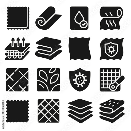 Fabric Icons Set. Solid style icons of fabric: embossed edge icon, heavy linen roll, color-tested label, printed textile roll,