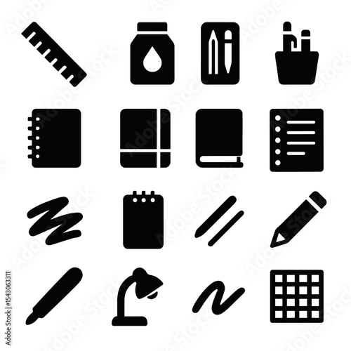 Solid Writing Tool Icons. Solid style icons of writing tools: folding ruler, ink refill pack, writing set box, desk organizer,