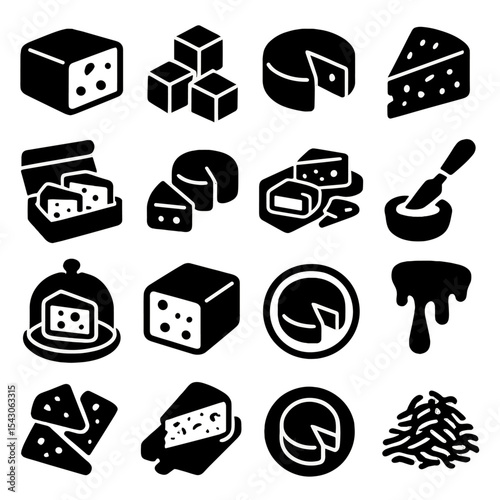 Cheese Icon Varieties. Solid style icons of cheese variety: buttery cheese block, cubed feta pieces, cheese wheel with cut line,