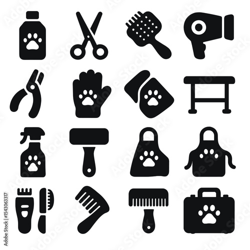 Pet Grooming Icons. Solid style icons of pet grooming: pet shampoo bottle, grooming scissors, hairbrush, pet comb, nail clippers,