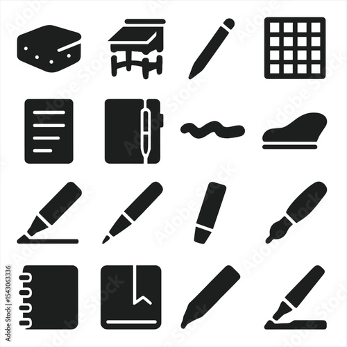 Writing Tools Icons. Solid style icons of writing tools: ink sponge, vintage writing desk, smart stylus pen, paper grid template,