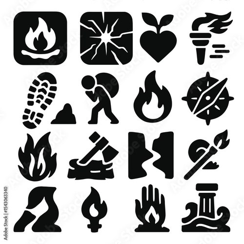 Perseverance Symbols Icons. Solid style icons of perseverance symbols: fire within ice, cracked glass with light inside, rooted
