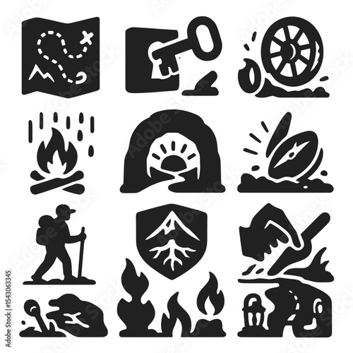 Perseverance Icons Collection. Solid style icons of perseverance symbols: map with difficult trail, heavy key in lock, broken