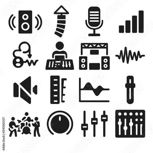 Live Sound Icons. Solid style icons of live sound: speaker alignment icon, line array hang point, ribbon mic front view, signal