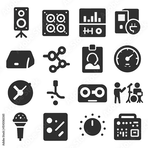 Live Sound Icons. Solid style icons of live sound: PA tower speaker, on-stage input patch, live EQ screen, input/output chart, cue