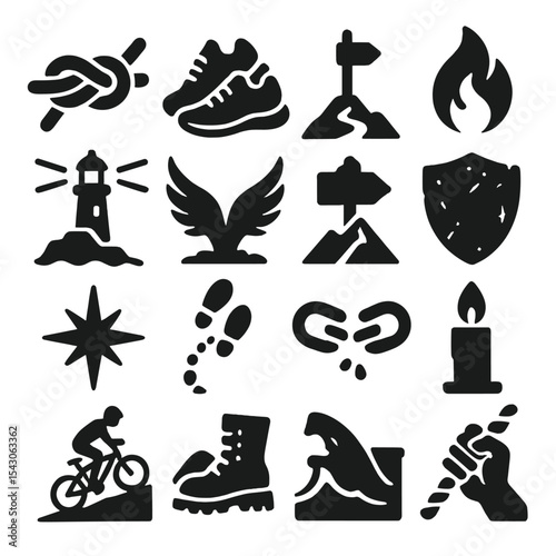 Icons of Perseverance. Solid style icons of perseverance symbols: tight knot rope, running shoes, summit marker pole, enduring