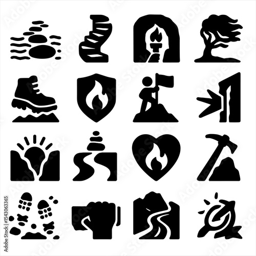 Perseverance Icon Collection. Solid style icons of perseverance symbols: stone pathway across water, upward spiral staircase,