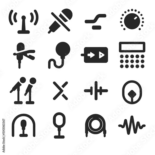 Live Sound Icons. Solid style icons of live sound: wireless antenna, mic mute switch, line level icon, mic gain knob, lavalier mic