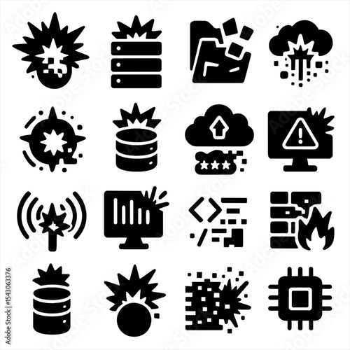 Digital Data Explosion. Solid style icons of data explosion: digital blast radius, data center explosion, exploded folder contents