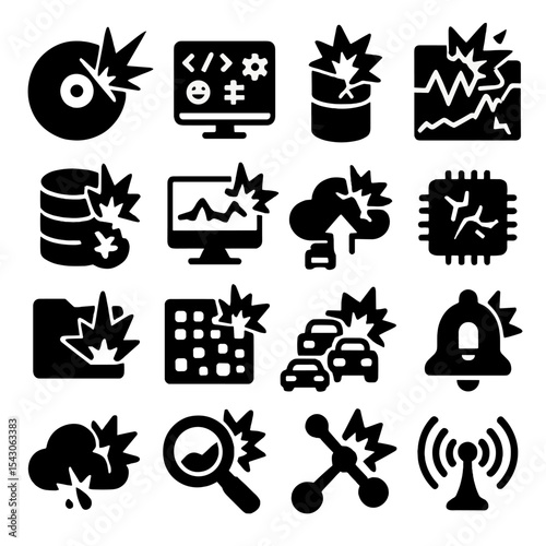 Data Overload Icons. Solid style icons of data explosion: record spike crash, symbol-heavy dashboard, critical storage rupture,