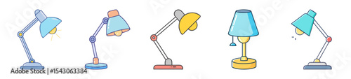 Collection of brightly colored cartoon desk lamps in various styles and colors