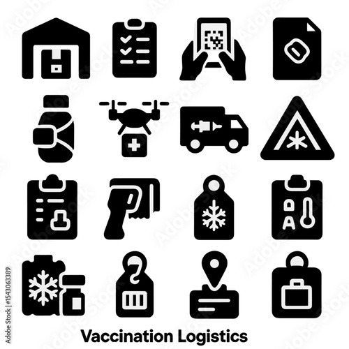 Vaccination Logistics Icons. Solid style icons of vaccination logistics: distribution center icon, shipping manifest clipboard,