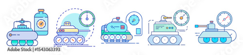 Line Art Illustration of Diverse Industrial Tank Vehicles with Gauges and Tracks