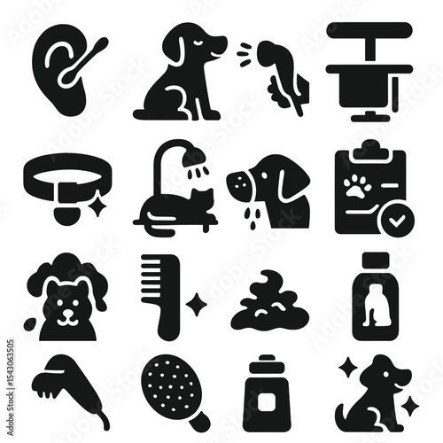 Pet Grooming Icons. Solid style icons of pet grooming silhouette: pet ear pad cleaner, dog relaxing during grooming, handheld