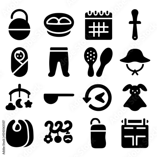 Parenting Essentials Icons. Solid style icons of parenting essentials: silicone pacifier case, baby meal tray with suction, baby