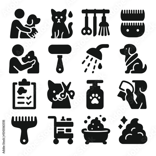 Pet Grooming Icons. Solid style icons of pet grooming silhouette: brushing pet fur icon, dripping wet cat icon, grooming tool rack