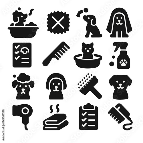 Pet Grooming Icons. Solid style icons of pet grooming silhouette: baby pet bath icon, anti-fur mat icon, grooming treat reward,